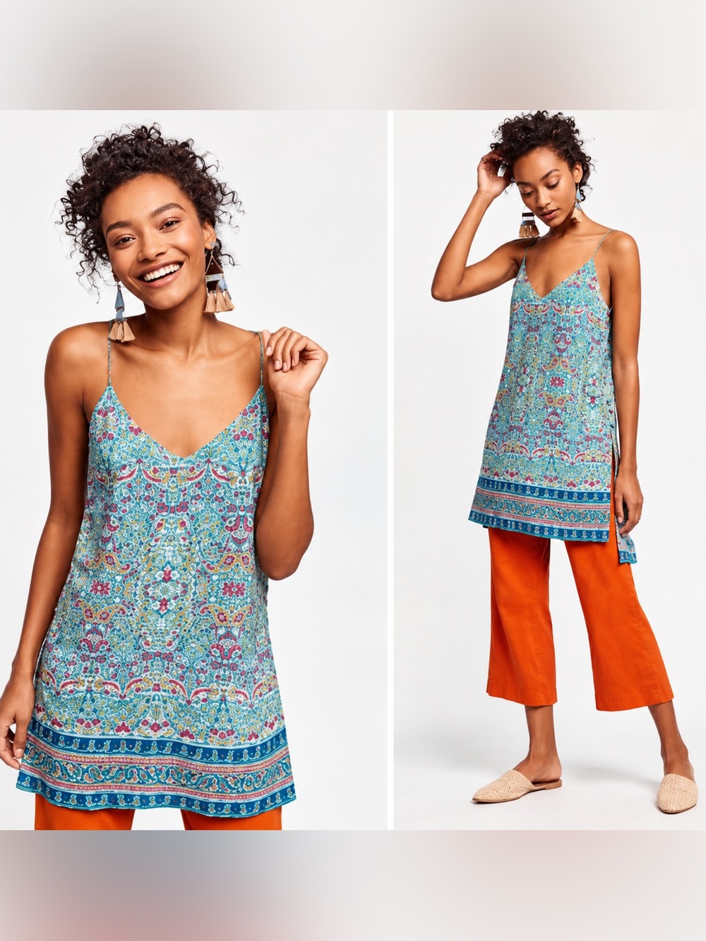 Maeve Teal Beachy Strappy Dress, floral print, side slits, fabric buttons Nwt 12